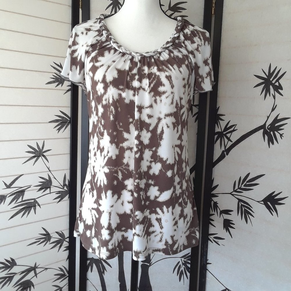 Style & Co Brown and White Braid Neckline Blouse